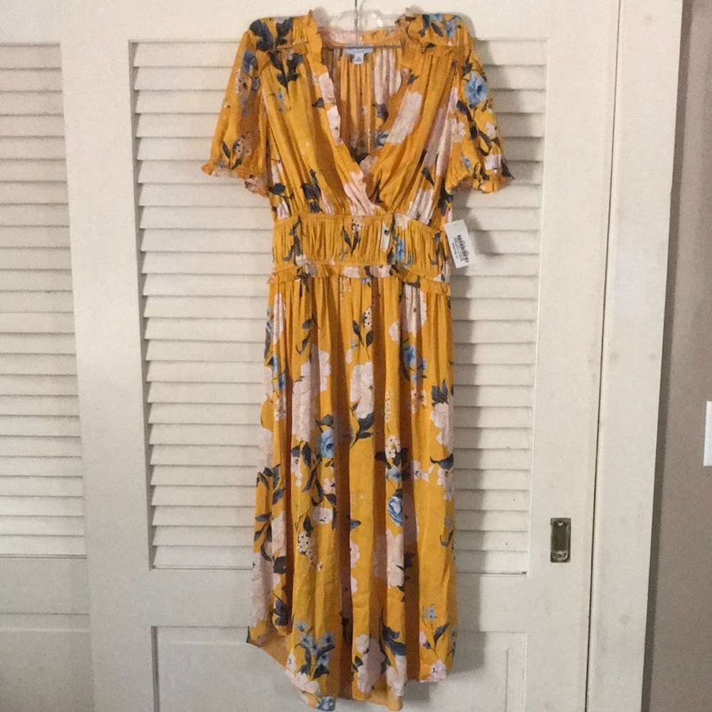 Current Air Yellow Floral Midi Dress with V-Neck